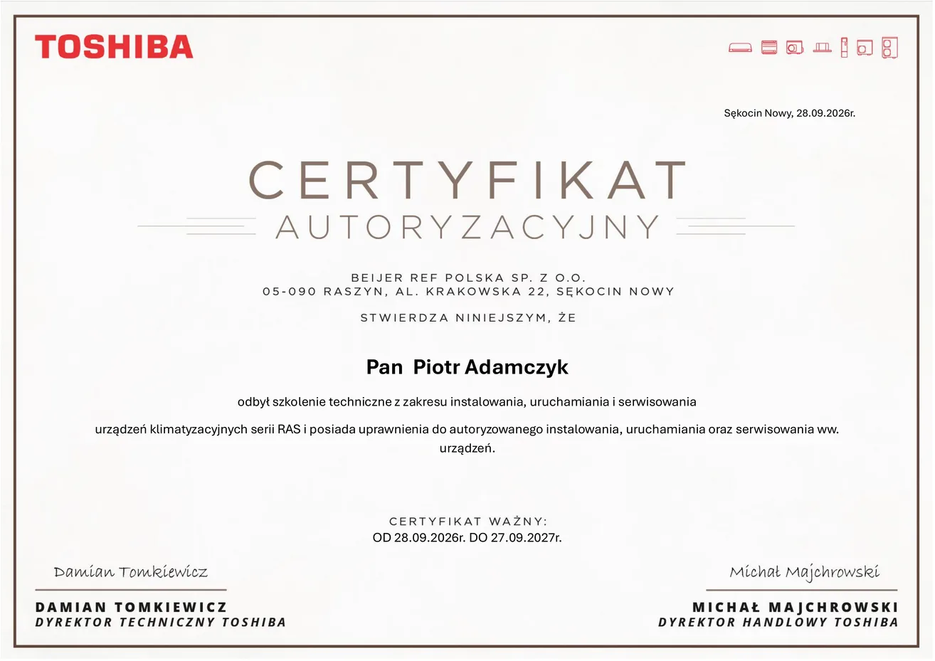 Certyfikat autoryzacyjny Toshiba: instalowanie, uruchamianie i serwisowanie klimatyzatorów serii RAS, ważny do 27.09.2027